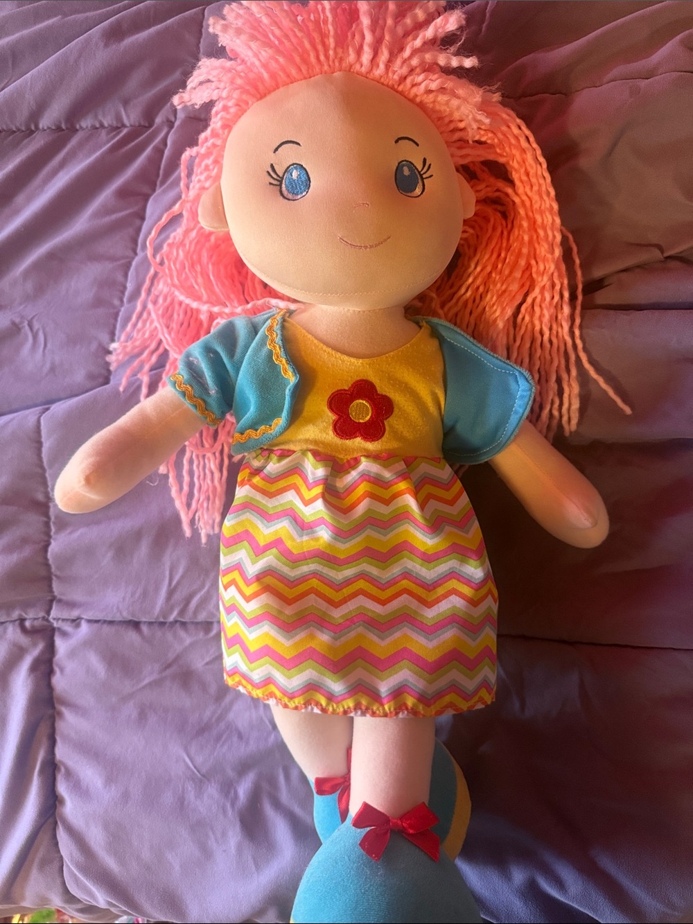 Pink-Haired Plush Doll with Blue Outfit - Kids Toys
